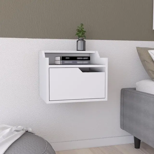 Main image of Winchester Floating Nightstand, Modern Dual-Tier Design with Spacious Single Drawer Storage, White