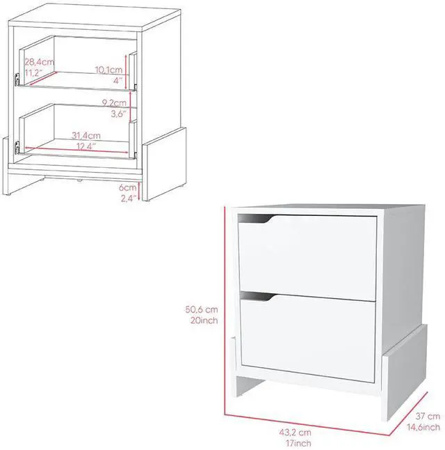 Alt view image 7 of 7 - Nightstand Brookland, Bedside Table with Double Drawers and Sturdy Base, White Finish