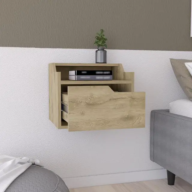 Main image of Floating Nightstand, Modern Dual-Tier Design with Spacious Single Drawer Storage, Macadamia
