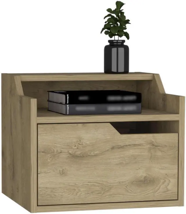 Alt view image 2 of 7 - Floating Nightstand, Modern Dual-Tier Design with Spacious Single Drawer Storage, Macadamia