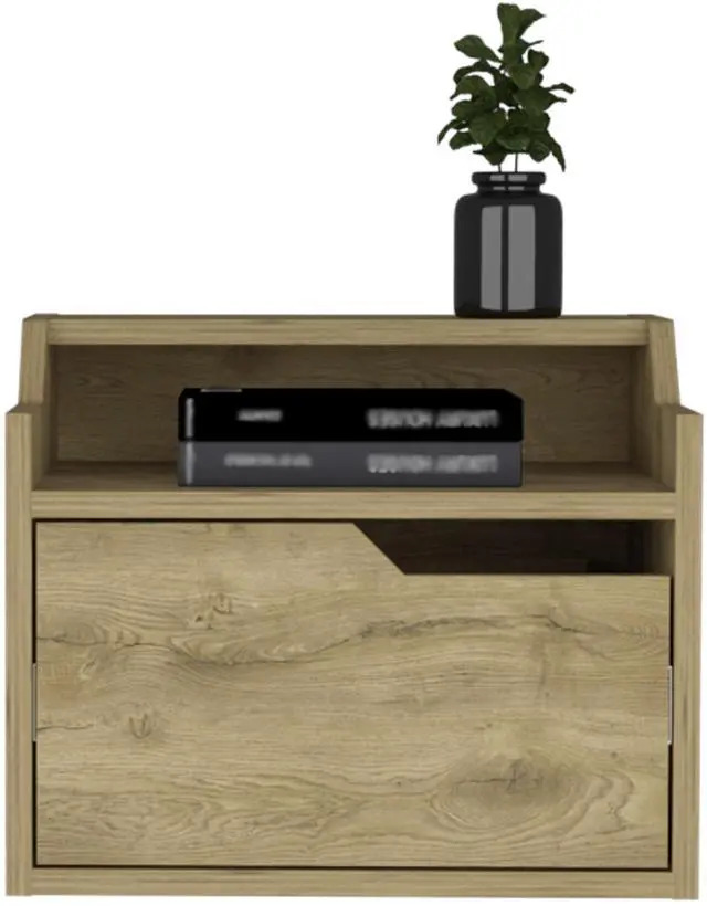 Alt view image 4 of 7 - Floating Nightstand, Modern Dual-Tier Design with Spacious Single Drawer Storage, Macadamia