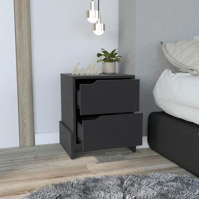 Main image of Nightstand Brookland, Bedside Table with Double Drawers and Sturdy Base, Black Wengue Finish
