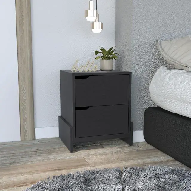 Alt view image 6 of 7 - Nightstand Brookland, Bedside Table with Double Drawers and Sturdy Base, Black Wengue Finish