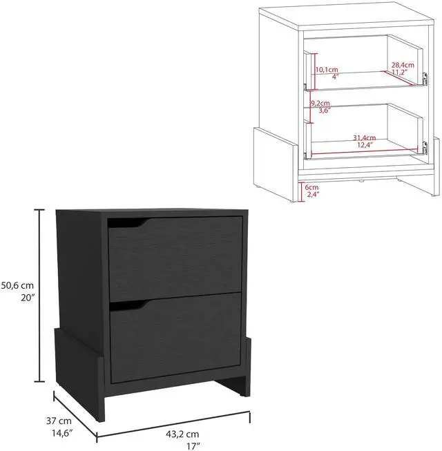 Alt view image 7 of 7 - Nightstand Brookland, Bedside Table with Double Drawers and Sturdy Base, Black Wengue Finish