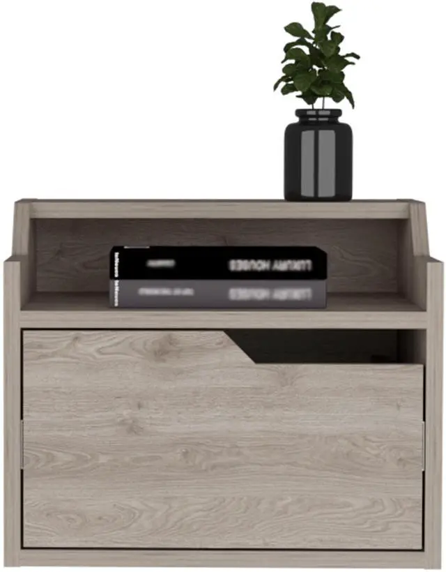 Alt view image 2 of 7 - Winchester Floating Nightstand, Modern Dual-Tier Design with Spacious Single Drawer Storage, Light Gray