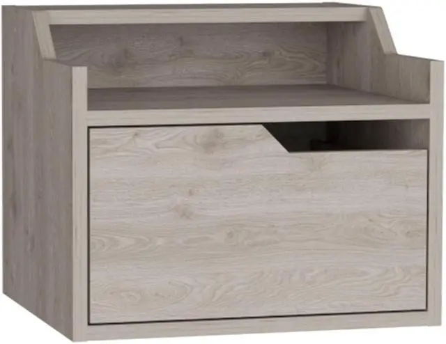Alt view image 3 of 7 - Winchester Floating Nightstand, Modern Dual-Tier Design with Spacious Single Drawer Storage, Light Gray