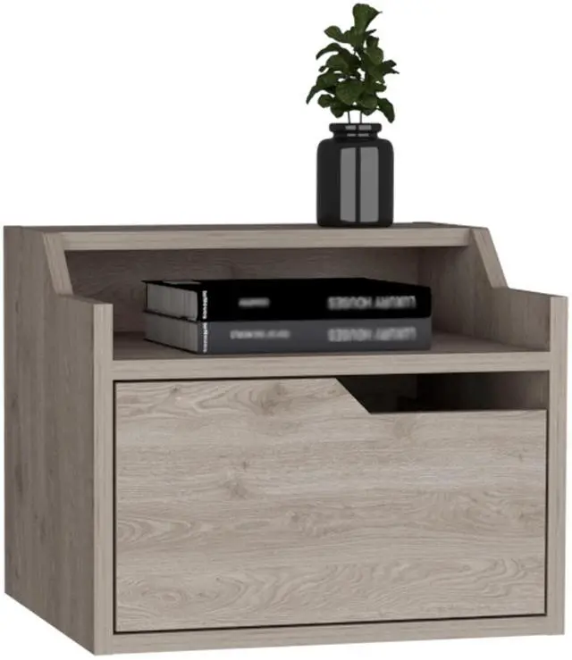 Alt view image 4 of 7 - Winchester Floating Nightstand, Modern Dual-Tier Design with Spacious Single Drawer Storage, Light Gray
