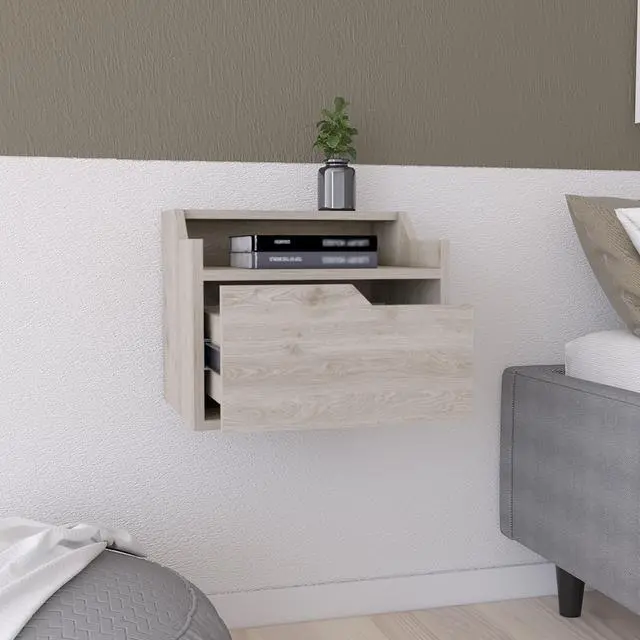 Alt view image 5 of 7 - Winchester Floating Nightstand, Modern Dual-Tier Design with Spacious Single Drawer Storage, Light Gray