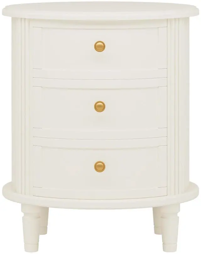 Alt view image 3 of 7 - 20" Oval Nightstand with 3 Drawers, Fully Assembled Farmhouse Bedside Table, Wood Side End Table with Solid Legs & Unique Design for Bedroom, Living Room, Beige White