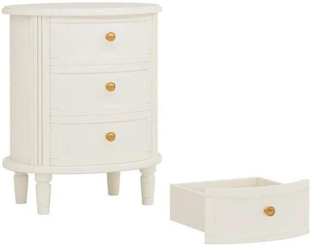 Alt view image 2 of 7 - 20" Oval Nightstand with 3 Drawers, Fully Assembled Farmhouse Bedside Table, Wood Side End Table with Solid Legs & Unique Design for Bedroom, Living Room, Beige White