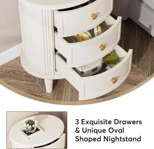 Alt view image 4 of 7 - 20" Oval Nightstand with 3 Drawers, Fully Assembled Farmhouse Bedside Table, Wood Side End Table with Solid Legs & Unique Design for Bedroom, Living Room, Beige White