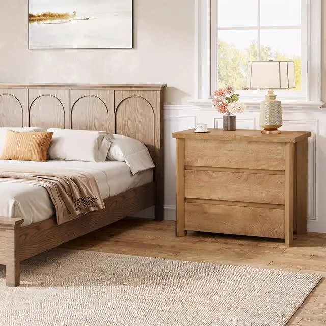 Alt view image 5 of 7 - 32" Farmhouse Nightstand with 3 Drawers, Large Rustic Brown Bedside Table with Ample Storage for Bedroom & Living Room