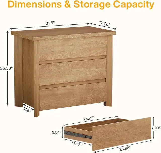 Alt view image 6 of 7 - 32" Farmhouse Nightstand with 3 Drawers, Large Rustic Brown Bedside Table with Ample Storage for Bedroom & Living Room