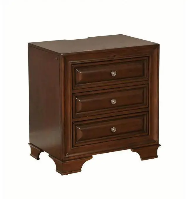 Alt view image 4 of 7 - Brown Cherry Solid wood 1pc Nightstand Nickel Round Knob Transitional Style 3-Drawers Nightstand w Under Nightlight