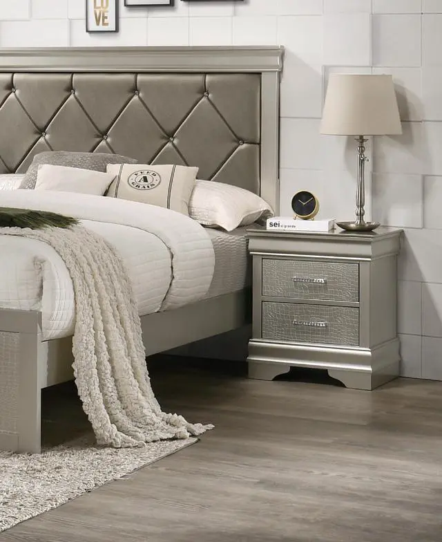 Main image of 1pc Modern Glam Style Two Drawers Nightstand Champagne Finish Solid Wood Crystal-Like Diamond Tufted Crocodile Texture Bedroom Furniture