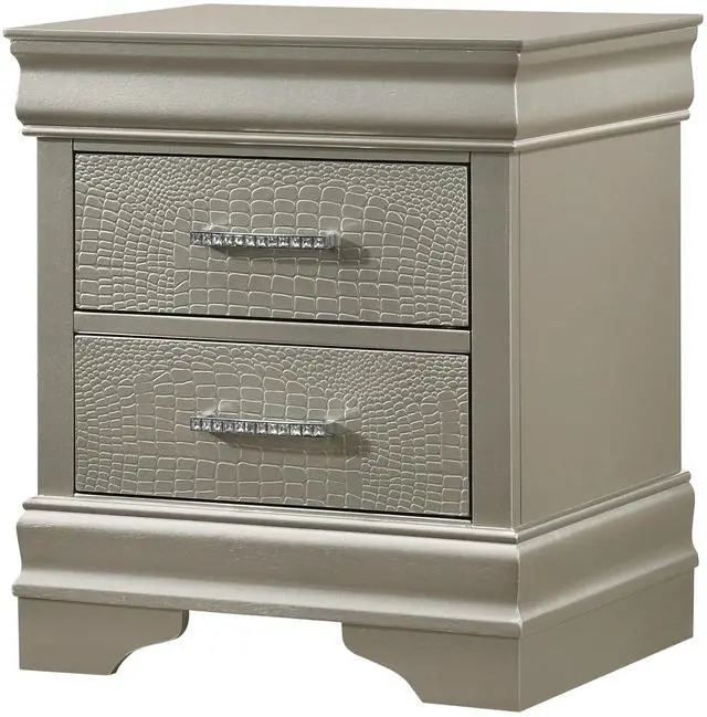 Alt view image 2 of 6 - 1pc Modern Glam Style Two Drawers Nightstand Champagne Finish Solid Wood Crystal-Like Diamond Tufted Crocodile Texture Bedroom Furniture