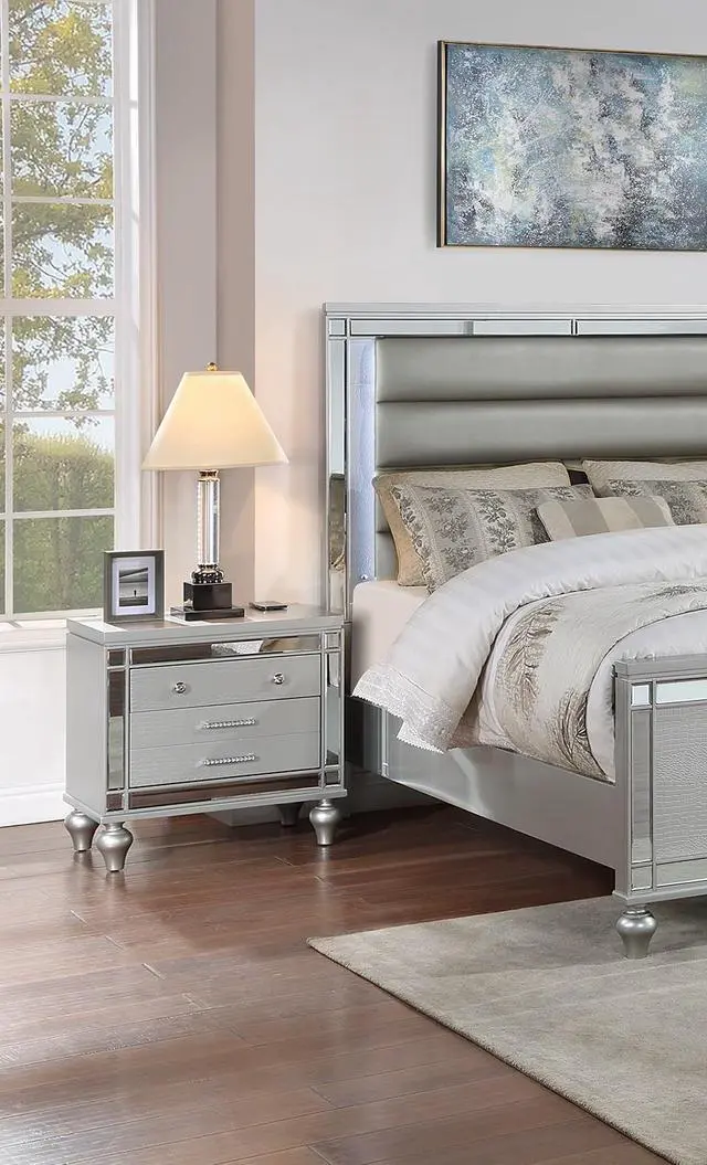 Main image of Classic Luxury Look Silver 1pc Nightstand Wooden Bedside Table Drawers w Mirror Glass Panel Bedroom Furniture