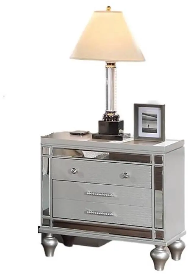 Alt view image 3 of 7 - Classic Luxury Look Silver 1pc Nightstand Wooden Bedside Table Drawers w Mirror Glass Panel Bedroom Furniture