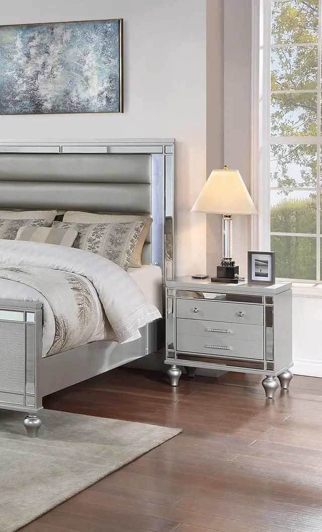 Alt view image 2 of 7 - Classic Luxury Look Silver 1pc Nightstand Wooden Bedside Table Drawers w Mirror Glass Panel Bedroom Furniture