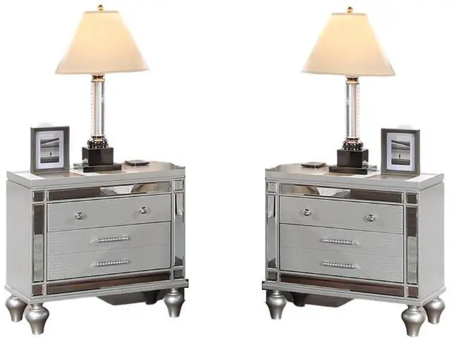 Alt view image 4 of 7 - Classic Luxury Look Silver 1pc Nightstand Wooden Bedside Table Drawers w Mirror Glass Panel Bedroom Furniture
