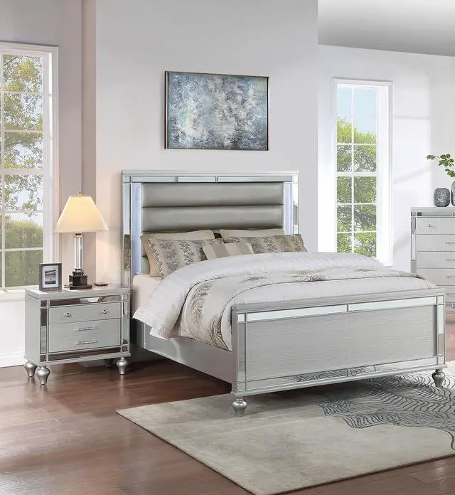 Alt view image 7 of 7 - Classic Luxury Look Silver 1pc Nightstand Wooden Bedside Table Drawers w Mirror Glass Panel Bedroom Furniture