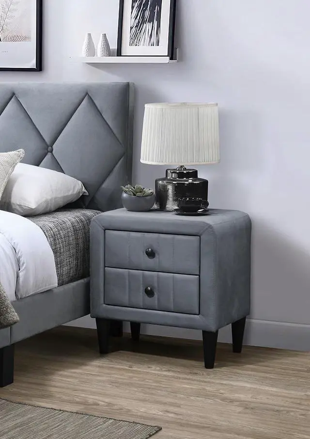 Main image of Grey Color Velvet Gorgeous 1pc Nightstand Bedside Table 2x Drawers Bedroom Furniture Sleek Design Tempered Legs