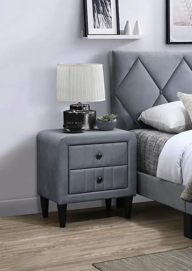 Alt view image 2 of 7 - Grey Color Velvet Gorgeous 1pc Nightstand Bedside Table 2x Drawers Bedroom Furniture Sleek Design Tempered Legs