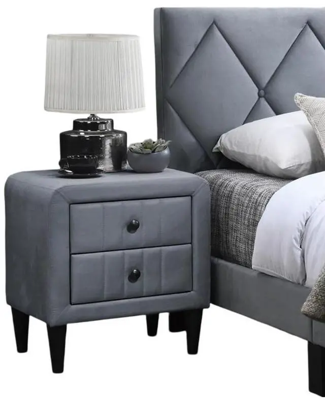 Alt view image 7 of 7 - Grey Color Velvet Gorgeous 1pc Nightstand Bedside Table 2x Drawers Bedroom Furniture Sleek Design Tempered Legs