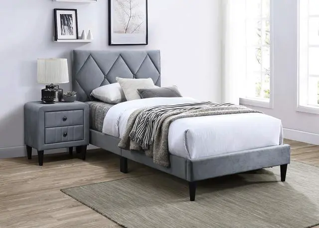 Alt view image 5 of 7 - Grey Color Velvet Gorgeous 1pc Nightstand Bedside Table 2x Drawers Bedroom Furniture Sleek Design Tempered Legs