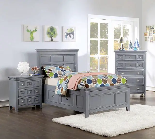 Alt view image 4 of 7 - Transitional Style Gray Color Solid wood 1pc Nightstand Only Bedroom Furniture Bedside Table Round Knobs 3-Drawers Nightstand