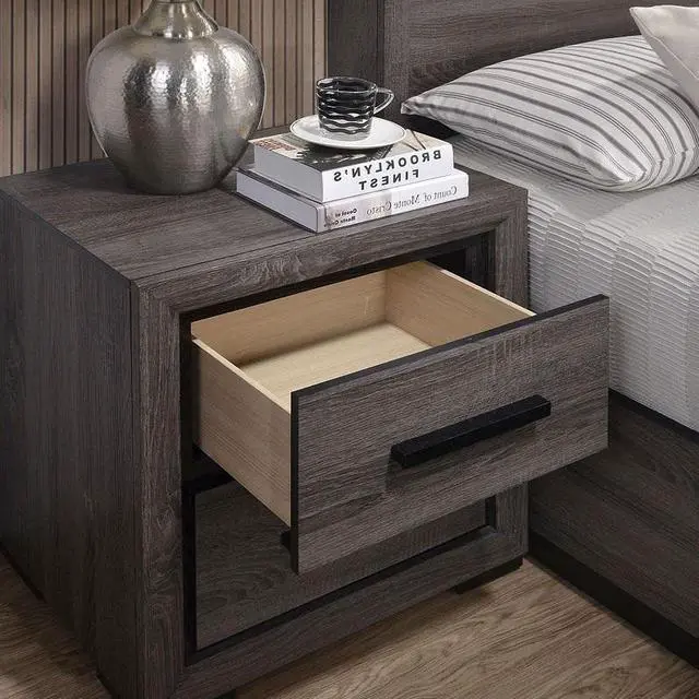 Alt view image 6 of 7 - Gray 1pc Nightstand Bedroom Furniture Bedside Table 2-Drawers Two-tone Design w/ Black Trim Paper Veneer