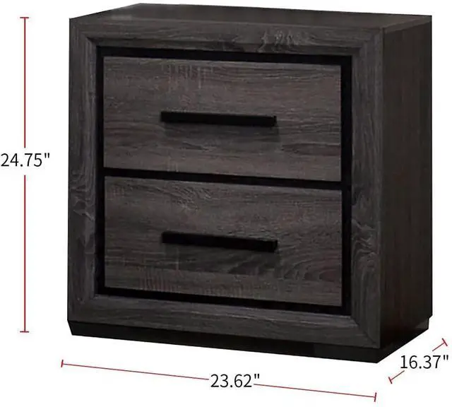 Alt view image 5 of 7 - Gray 1pc Nightstand Bedroom Furniture Bedside Table 2-Drawers Two-tone Design w/ Black Trim Paper Veneer