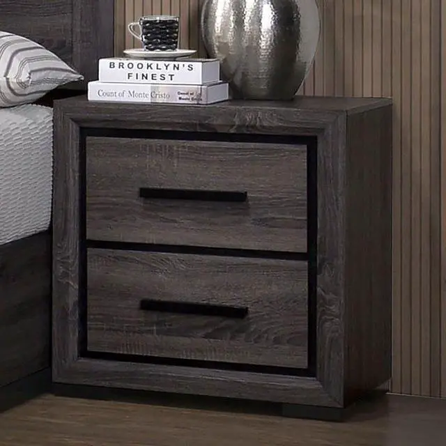 Alt view image 4 of 7 - Gray 1pc Nightstand Bedroom Furniture Bedside Table 2-Drawers Two-tone Design w/ Black Trim Paper Veneer