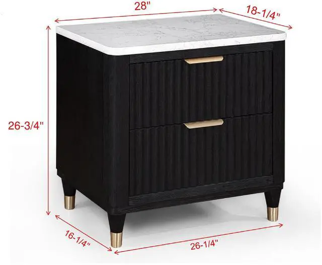 Alt view image 4 of 5 - 1pc Contemporary 2-Drawer Black Nightstand White Top Metal Knobs Modern Design Wooden Bedroom Furniture