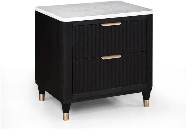 Main image of 1pc Contemporary 2-Drawer Black Nightstand White Top Metal Knobs Modern Design Wooden Bedroom Furniture