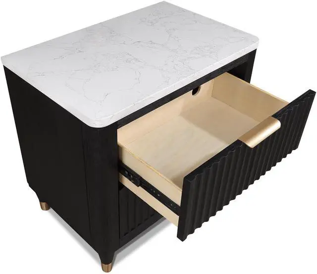 Alt view image 2 of 5 - 1pc Contemporary 2-Drawer Black Nightstand White Top Metal Knobs Modern Design Wooden Bedroom Furniture