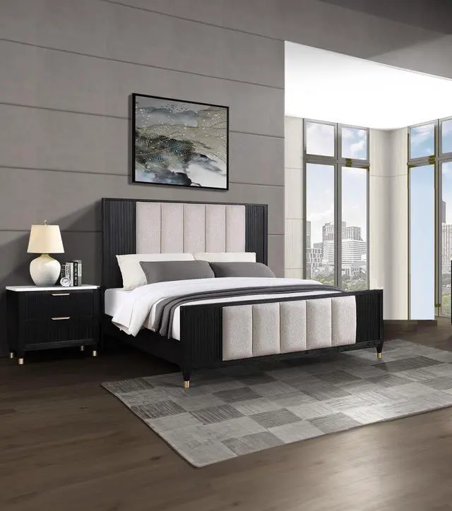 Alt view image 5 of 5 - 1pc Contemporary 2-Drawer Black Nightstand White Top Metal Knobs Modern Design Wooden Bedroom Furniture