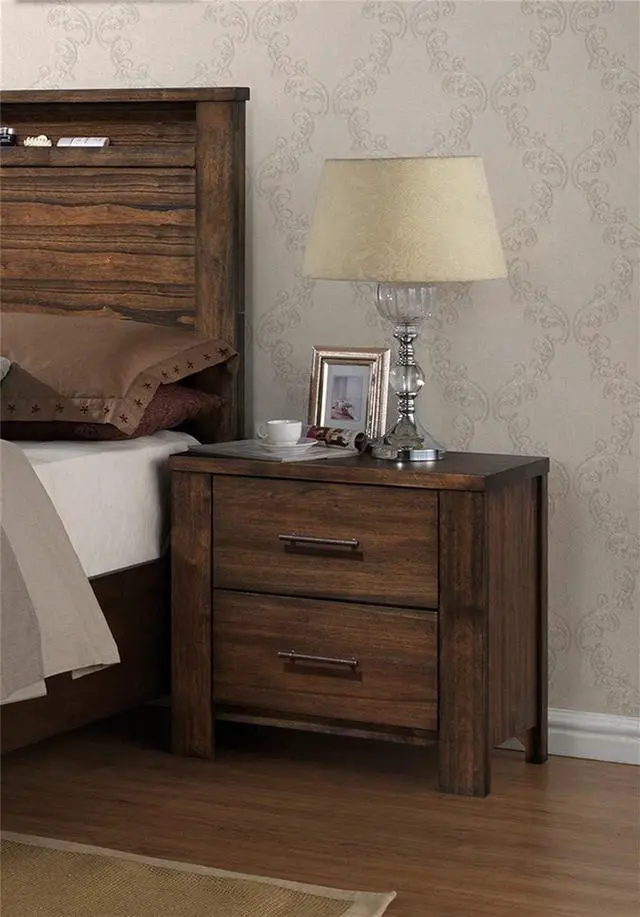Alt view image 2 of 6 - Oak Finish 1pc Nightstand Wooden Bedside Table 2x Drawers Storage Bedroom Furniture