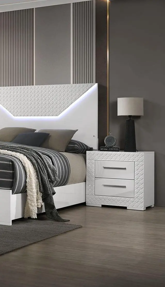 Main image of Gorgeous White 1pc Nightstand High Gloss Finish Chrome Bar Handle Bedside Table Bedroom Furniture