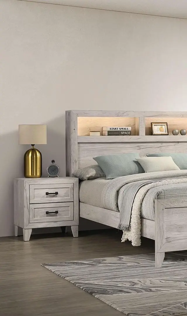 Alt view image 7 of 7 - Contemporary White Wash 1pc Nightstand Bedroom Melamine Bedside Table Black Bar Pull Furniture