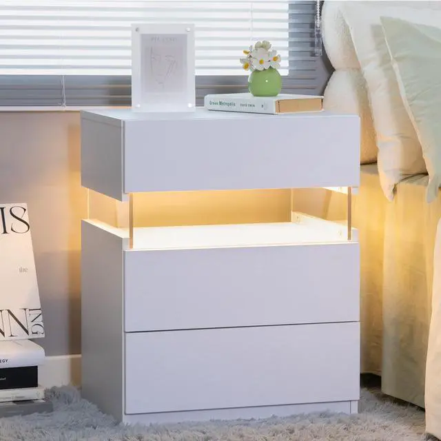 Alt view image 2 of 7 - LED Nightstands 3 Drawer Dresser for Bedroom End Table with Acrylic Board LED Bedside Tables for Bedroom Living Room Bedside Furniture (White)