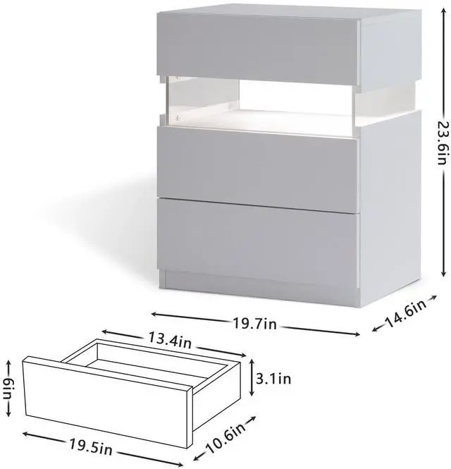 Alt view image 4 of 7 - LED Nightstands 3 Drawer Dresser for Bedroom End Table with Acrylic Board LED Bedside Tables for Bedroom Living Room Bedside Furniture (White)