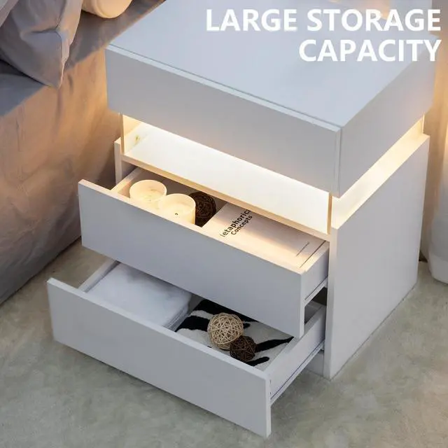 Alt view image 6 of 7 - LED Nightstands 3 Drawer Dresser for Bedroom End Table with Acrylic Board LED Bedside Tables for Bedroom Living Room Bedside Furniture (White)
