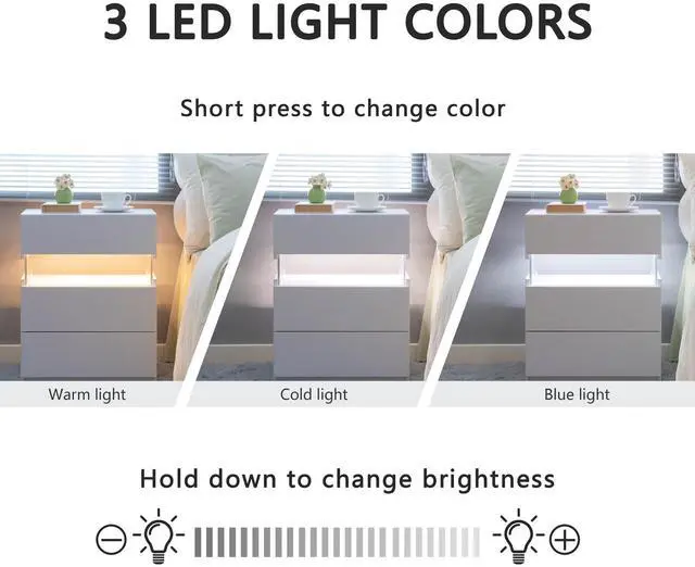 Alt view image 3 of 7 - LED Nightstands 3 Drawer Dresser for Bedroom End Table with Acrylic Board LED Bedside Tables for Bedroom Living Room Bedside Furniture (White)
