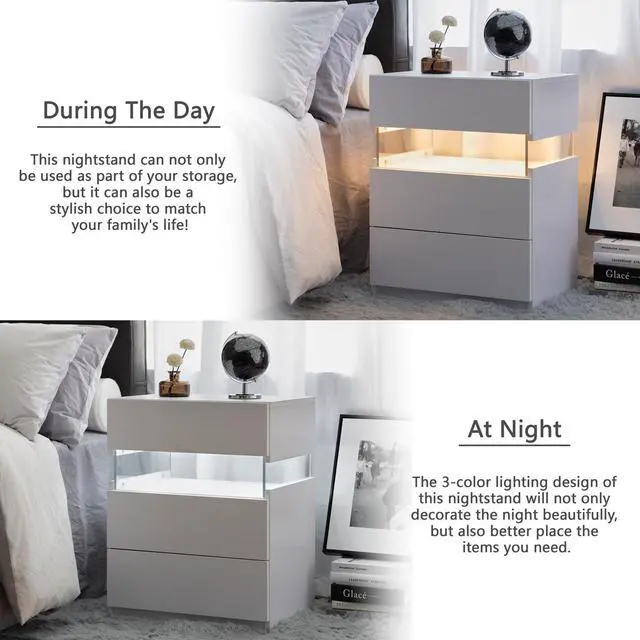 Alt view image 5 of 7 - LED Nightstands 3 Drawer Dresser for Bedroom End Table with Acrylic Board LED Bedside Tables for Bedroom Living Room Bedside Furniture (White)