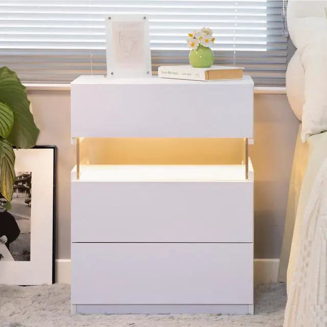 Alt view image 7 of 7 - LED Nightstands 3 Drawer Dresser for Bedroom End Table with Acrylic Board LED Bedside Tables for Bedroom Living Room Bedside Furniture (White)