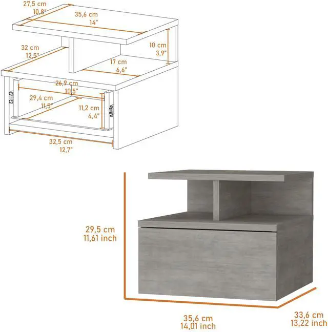 Alt view image 3 of 7 - Augusta Floating Nightstand with 2-Tier Shelf and 1-Drawer