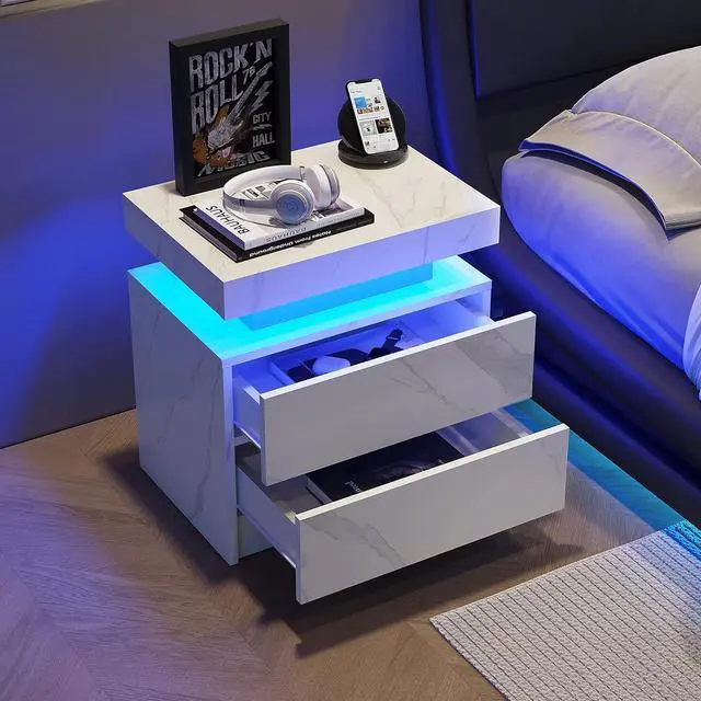 Alt view image 2 of 7 - Nightstand LED Bedside Table Cabinet Lights Modern End Side with 2 Drawers for Bedroom (White Stone)