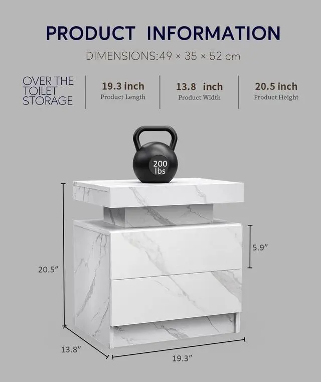 Alt view image 4 of 7 - Nightstand LED Bedside Table Cabinet Lights Modern End Side with 2 Drawers for Bedroom (White Stone)