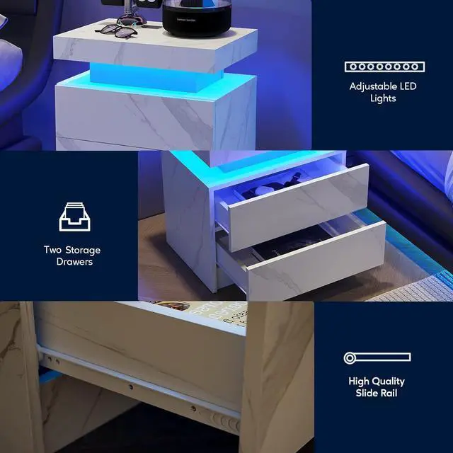 Alt view image 5 of 7 - Nightstand LED Bedside Table Cabinet Lights Modern End Side with 2 Drawers for Bedroom (White Stone)